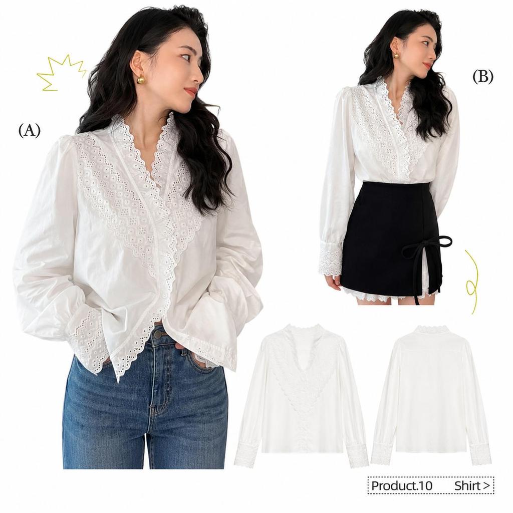 Chili Koko เสื้อเชิ้ตลูกไม้ผู้หญิง แขนยาว คอวี แต่งระบายและลูกไม้ฉลุ สไตล์ฝรั่งเศส พรางหุ่น ลุคคุณหนู เรียบหรู w546