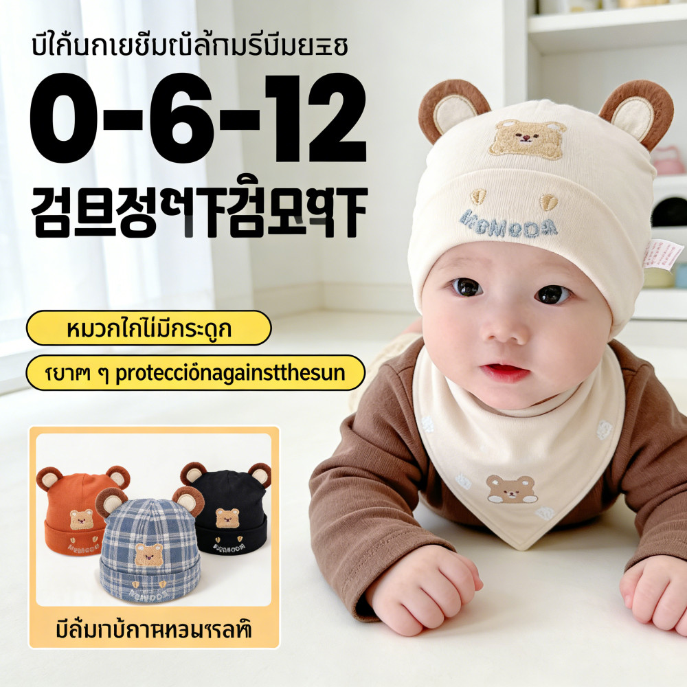 หมวกเด็กแรกเกิด หมวกเด็ก หมวกเด็กผ้าฝ้าย หมวกเด็กวัยหัดเดิน 2 ชั้น 0-6-12เดือน สามารถนำติดตัวไปได้ทุกฤดูกาล