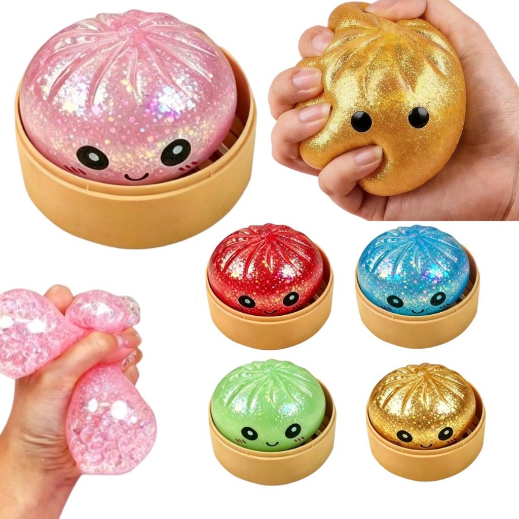 8.5 ซม.Glitter Bun Squishy ของเล่นตะกร้า Steamer Dumpling Squishy ความเครียดบรรเทา Bun Squeeze Ball Squishy Fidget ของเล่น Decompression Ball Sensory ของเล่นเด็กหญิงวันเกิด Party