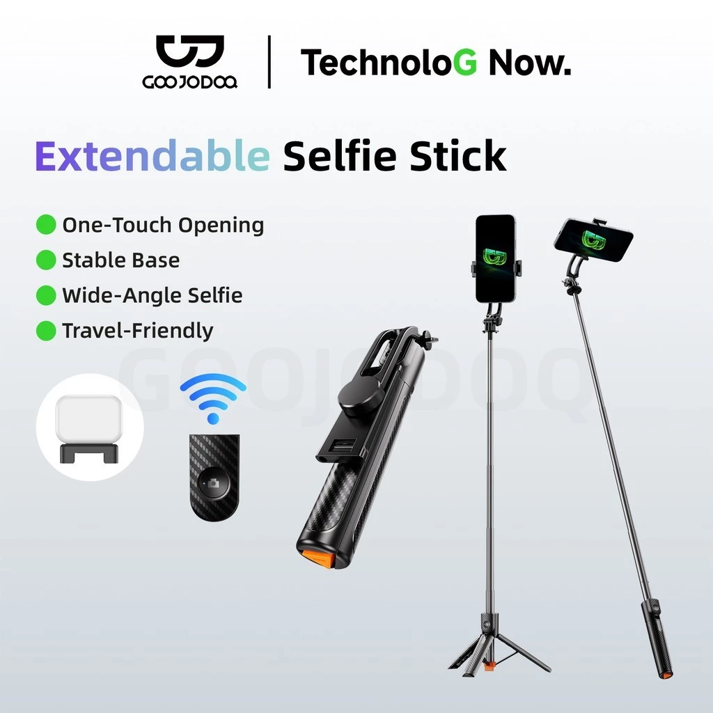 GOOJODOQ Selfie Stick One Click Opening 360 °Rotating Design Extend Up to 100 cm Optional Fill Light