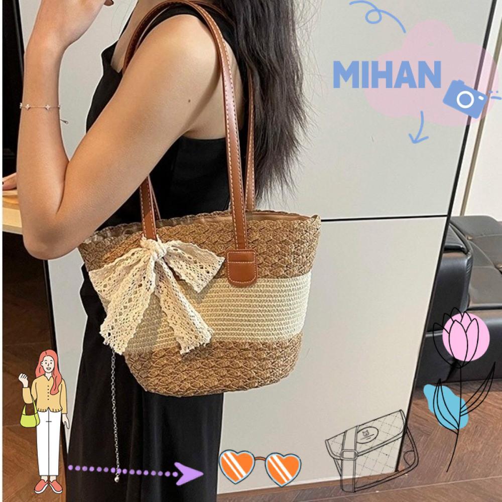 MIHAN Tote Bag, กระเป๋าสะพายลายทางแฮนด์เมด, กระเป๋าถือชายหาดทอฟางน้ําหนักเบาความจุขนาดใหญ่ในฤดูร้อน