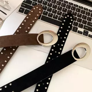Halo studio พร้อมส่ง 🔥เข็มขัดหนังกลับประดับหมุดสไตล์เรโทรแบบอเมริกันยุค Y2K จับคู่กับกางเกงยีนส์