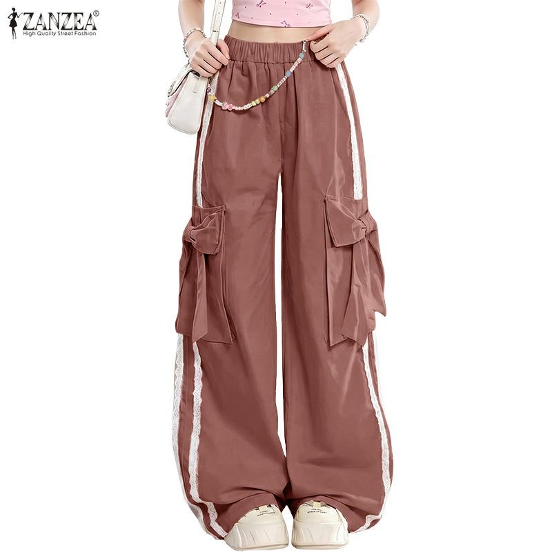 ZANZEA ผู้หญิงเกาหลี Streetwear เอวยางยืด Bows Decor Cargo กระเป๋า Contrast Stripe กางเกงขากว้าง