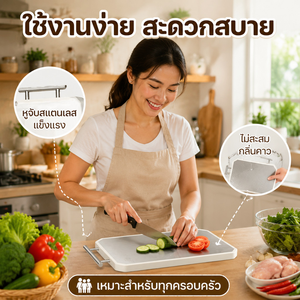 เขียงสแตนเลส304+PP เกรดอาหาร ใช้สองด้าน กันเชื้อรา รูปที่ 6