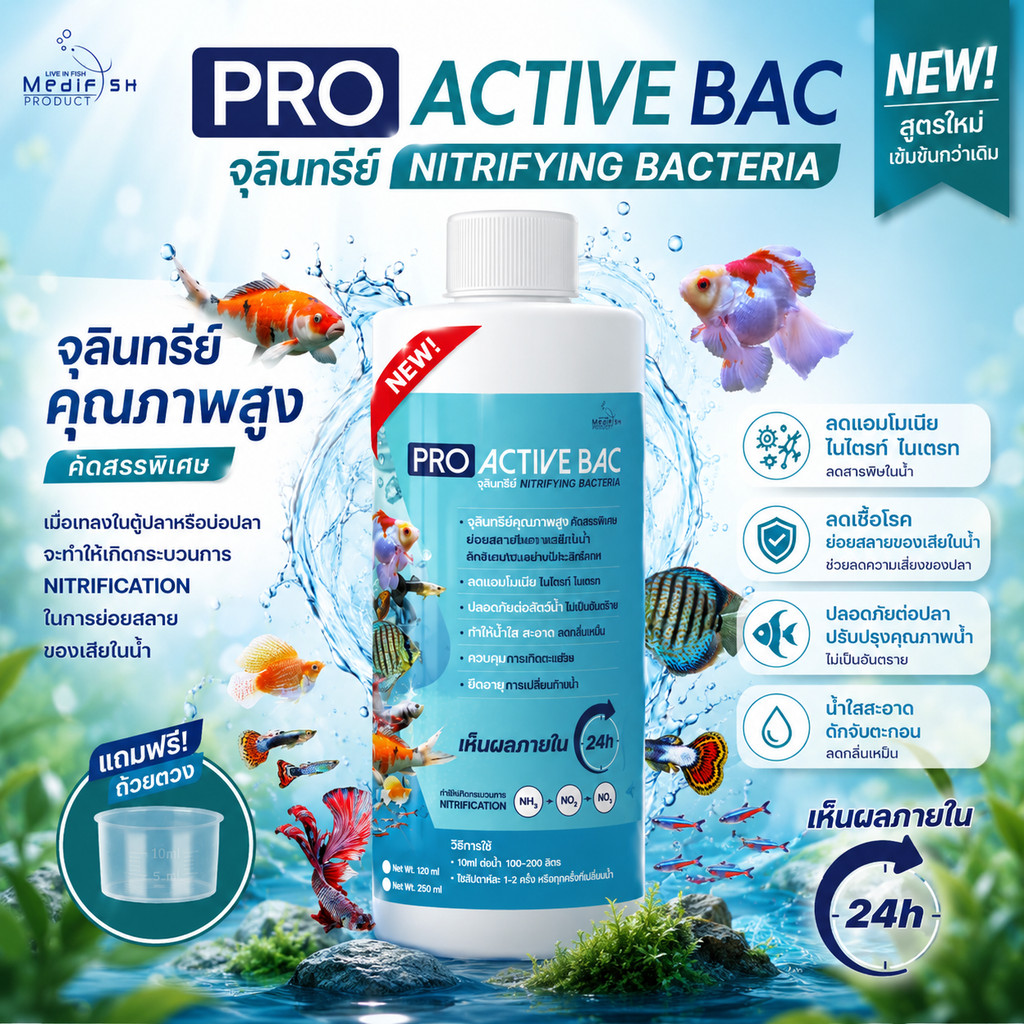 PRO ACTIVE BAC จุลินทรีย์ Nitrifying Bacteria ช่วยให้น้ำใสสะอาด ย่อยสลายของเสีย ลดเชื้อโรคในน้ำ ช่วยให้ปลาสุขภาพดี