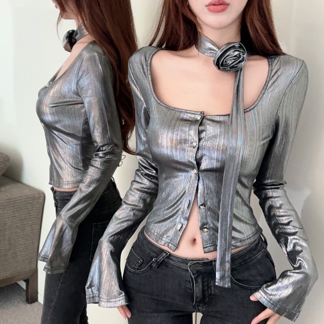 （จัดส่งภายใน24ชม）LUNA GIRL💥เสื้อแฟชั่นสีเงินแขนบานสุดหรู ✨ คอกว้าง+สายรัดคอกุหลาบ