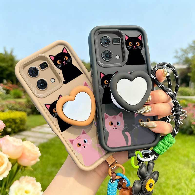 3 ชิ้น (น่ารักแมวน้อยเคสโทรศัพท์ + เชือกเส้นเล็กดอกไม้ + ขาตั้ง) มีสไตล์เหมาะสําหรับ OPPO F21Pro/F21