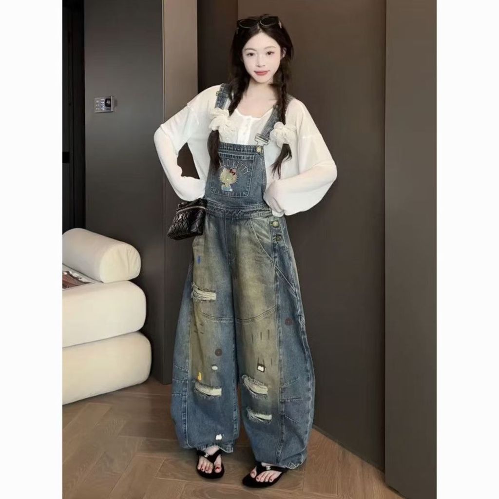 สไตล์ฮ่องกง Retro ล้าง Ripped Denim Overalls ผู้หญิงฤดูร้อนสไตล์ใหม่หลวม Slimmer ดู Jumpsuit ตรงกว้าง-Le
