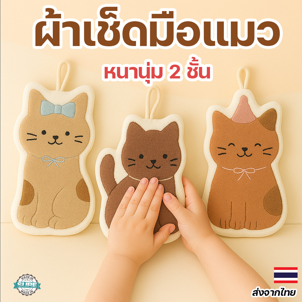 ผ้าเช็ดมือแฟชั่น ลายแมวสุดน่ารัก ผ้าหนา 2 ชั้น ซับน้ำได้ดี ใช้สะดวก แขวนได้ เหมาะของขวัญหรือใช้งานจริง