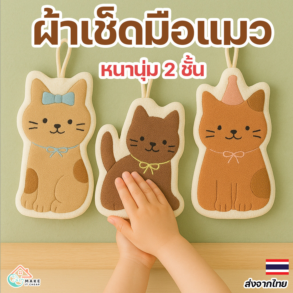 ผ้าเช็ดมือแฟชั่น ลายแมวสุดน่ารัก ผ้าหนา 2 ชั้น ซับน้ำได้ดี ใช้สะดวก แขวนได้ เหมาะของขวัญหรือใช้งานจริง
