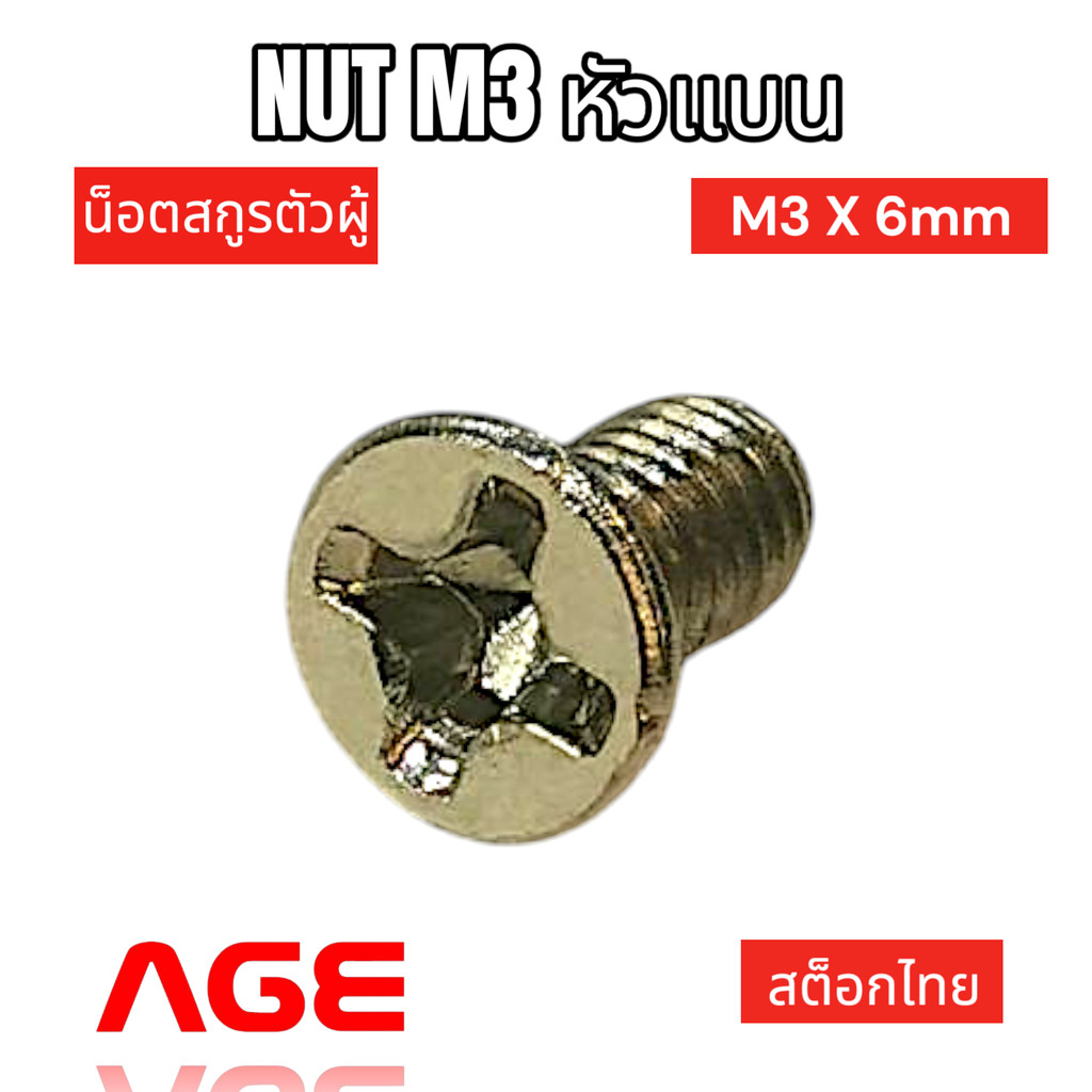 น็อตสกรูตัวผู้หัวแบน ชุบนิกเกิลNUT M3 x 6mm