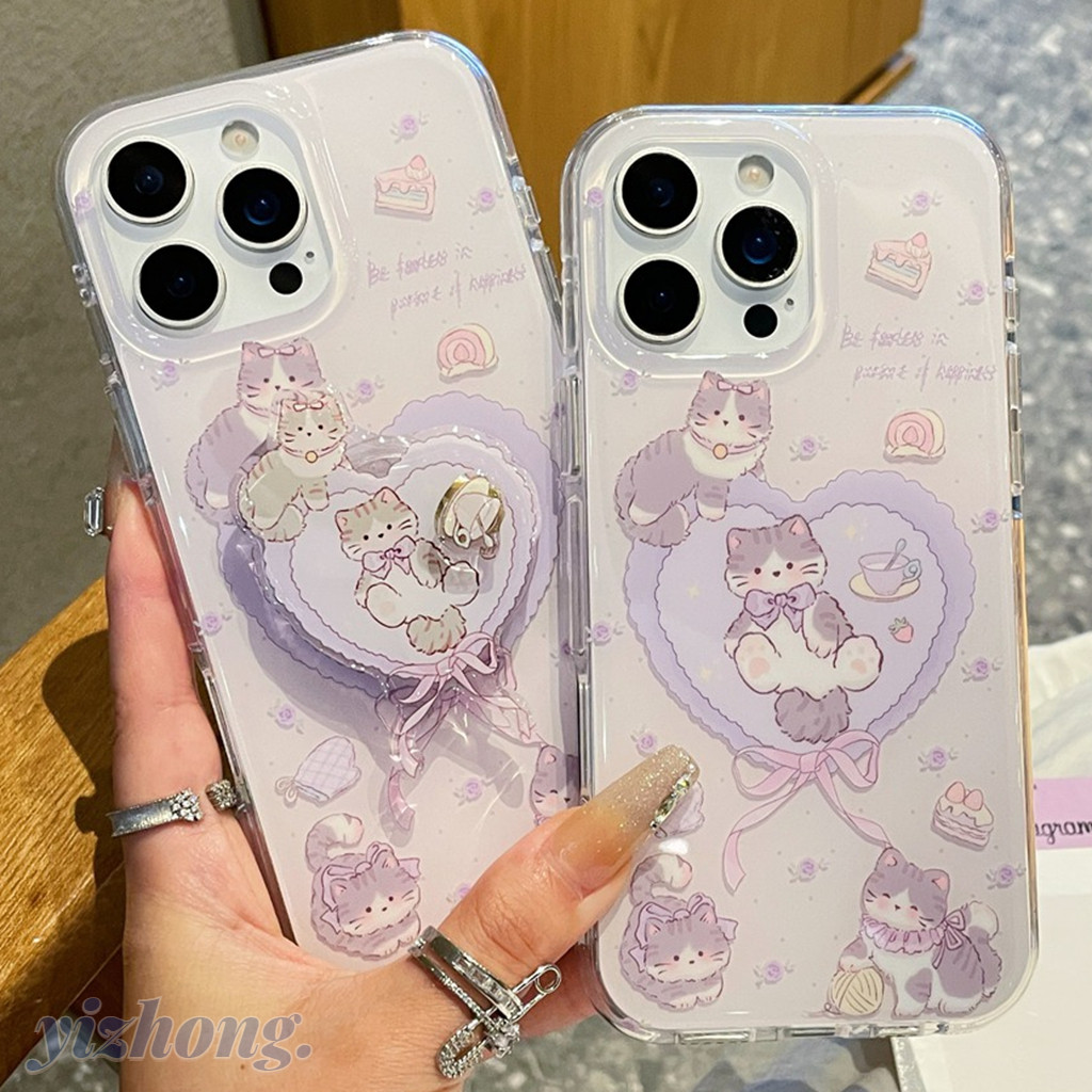 เคสโทรศัพท์สําหรับ iPhone 16 15 Pro Max 14 13 Sweet Bowknot Kitty Cat รูปแบบสีม่วง Soft TPU Anti-scratch โทรศัพท์มือถือฝาครอบ Love Heart ขาตั้งหมุนได้กันกระแทกเกราะป้องกัน