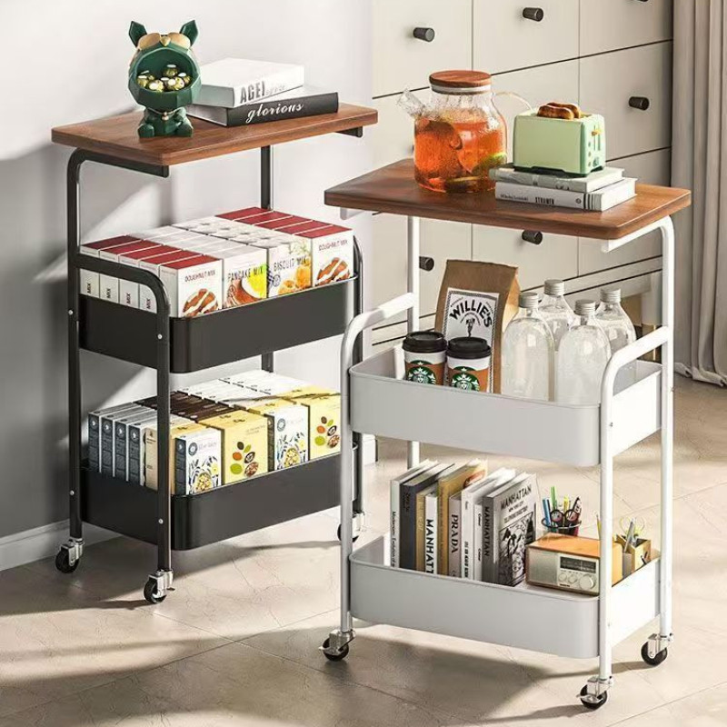ชั้นรถเข็น ชั้นวางของในครัว แผ่นโต๊ะไม้ พร้อมล้อเลื่อน โต๊ะข้างโซฟา แข็งแรงกันสนิม เคลื่อนย้ายสะดวก