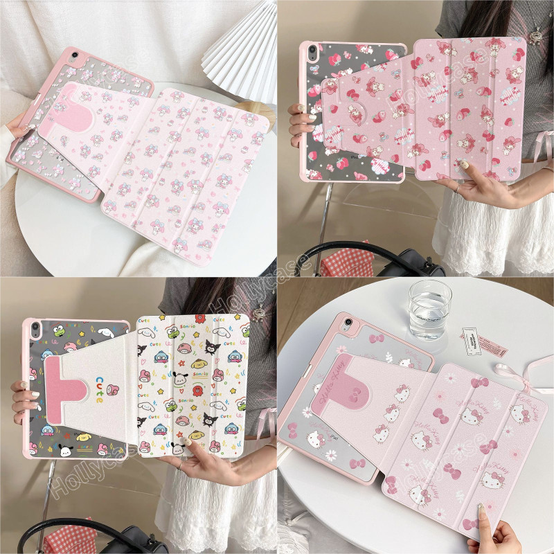 เคสไอแพด A16 Gen11 Air 7 M3 2025 Pro 11 2024 Air 6 5 4 10.9 Gen10 Gen9 Gen8 Gen7 10.2 กรณี สีชมพู Bowknot Hello Kitty พร้อมดินสอสล็อต 720° การหมุน