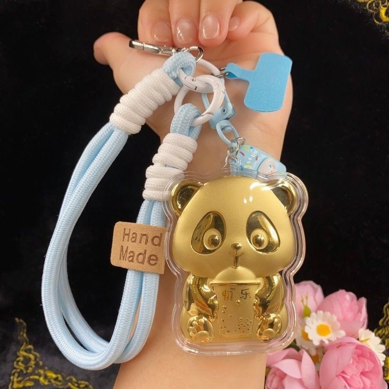 ลดราคาทั่วโลก ของแท้ 999 Panda Happy Pendant Pure Gold Keychain Cartoon Bag Cute Mobile Phone Chain 