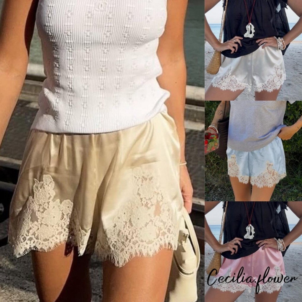 กางเกงขาสั้นขากว้างตัดลูกไม้ผู้หญิง - กางเกงสํานักงาน Boho เอวสูงมีสไตล์