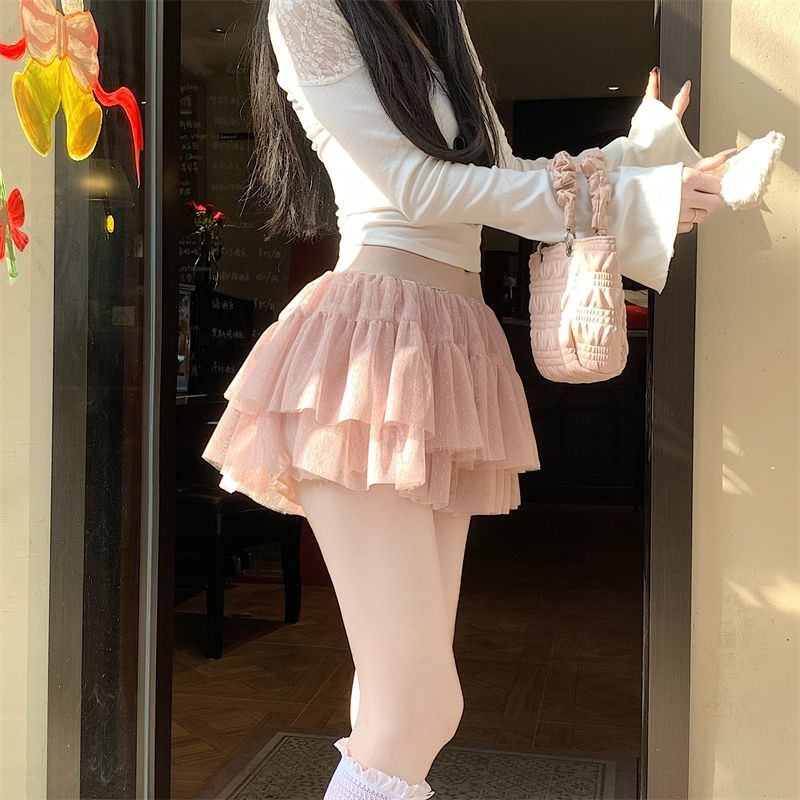Milyfashion กางเกงนิรภัย Polka Dot ตาข่ายเย็บกระโปรงฤดูใบไม้ผลิสไตล์ใหม่เอวสูง Slimmer ดูกระโปรงเค้กปุย
