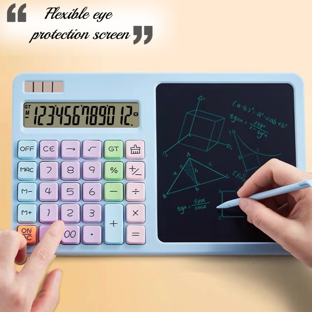 เครื่องคิดเลข 2in1 คิด เลข พร้อมแผ่นเขียนจดบันทึก LCD และแหล่งจ่าย ไฟคู่ สำหรับสำนักงาน Hiday