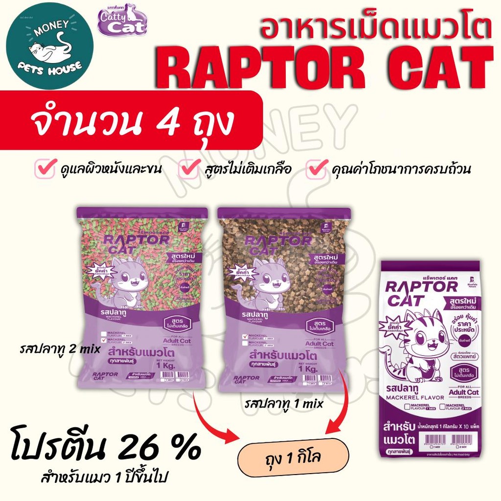 NEW !!!  [จำนวน 4 ถุง] อาหารแมว RAPTOR CAT รสปลาทู  ไม่เติมเกลือ ลดกลิ่นมูล โปรตีน26% **ขนาดถุง1กิโล