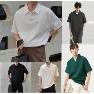BeCoolMan เสื้อโปโลชาย ผ้าวัฟเฟิล เสื้อแขนสั้นสีล้วน หลวมสบาย ความสะดวกสบาย แมทช์ง่าย เหมาะสำหรับธุรกิจและการพักผ่อน