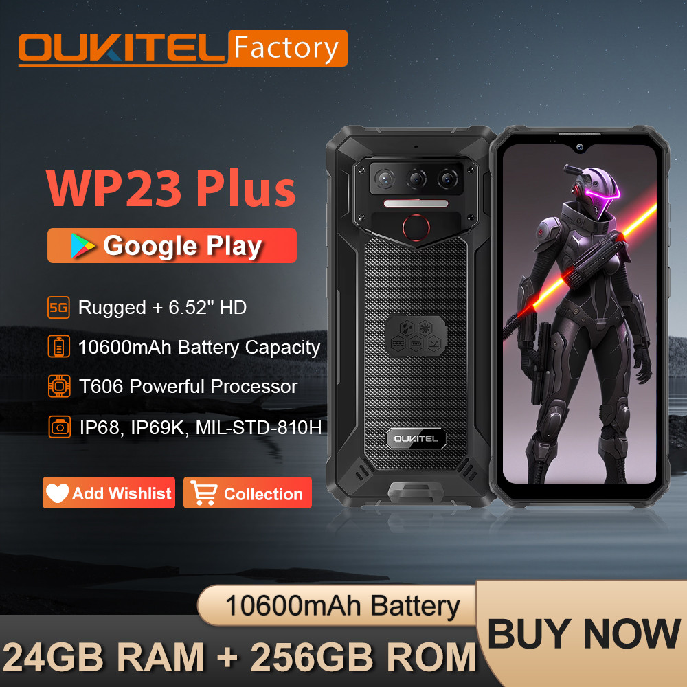 OUKITEL WP23 Plus สมาร์ทโฟนกันน้ํา 24GB + 256GB 10600mAh แบตเตอรี่ 6.52 นิ้วหน้าจอ Android 14 โทรศัพ