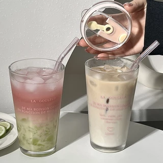แก้วใสลายตัวอักษรฝรั่งเศส แก้วกาแฟ แก้วนม ชา น้ำผลไม้ พร้อมหลอดแก้วสุดชิค