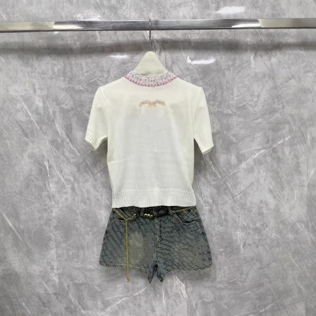 F7O9  CH##EL Age-Reducing Colorful Jacquard Contrast Color Socialite Elegant Round Neck Short Sleeve