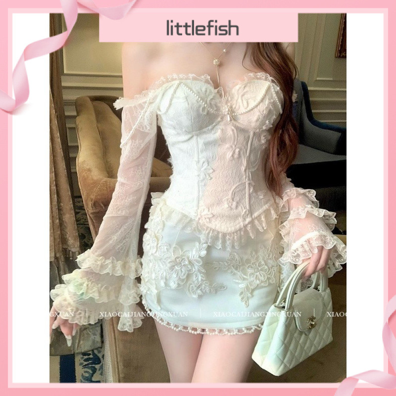 [Littlefish] แคบ-เอว Top สไตล์หวานๆ หนึ่งไหล่ตัดขอบลูกไม้ ดีไซน์โชว์ไหล่