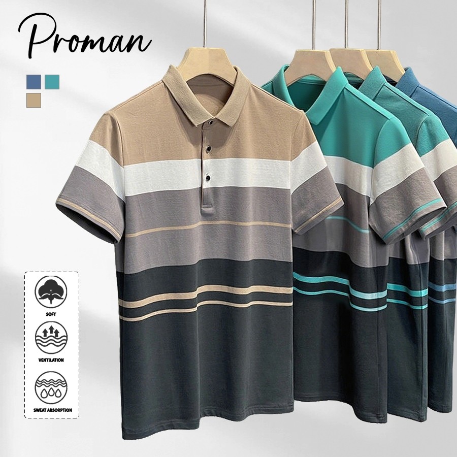 ⚡PROMAN⚡ชุดพ่อวัยกลางคนและผู้สูงอายุ  เสื้อโปโลผู้ชาย  สีต่อ  เลือกได้หลายสี  แบบหลวม  แมทช์ลุคง่าย