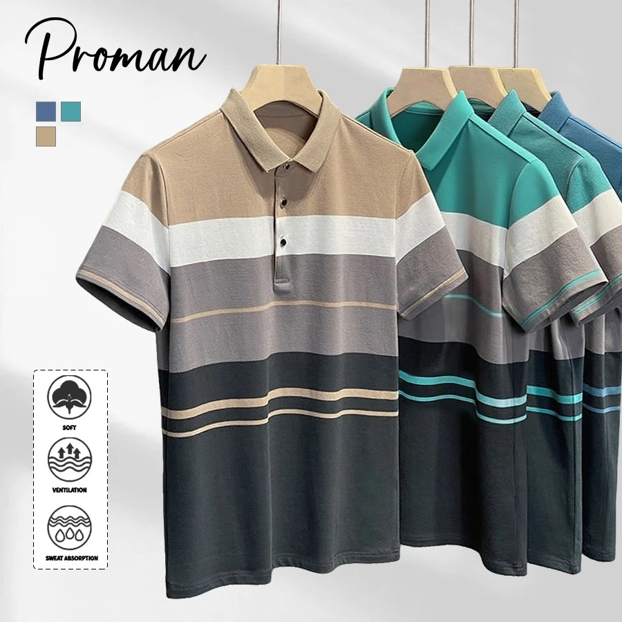 PROMAN เสื้อโปโลผู้ชาย สไตล์สำหรับพ่อวัยกลางและผู้สูงอายุ สีพื้น มีหลายสีให้เลือก ทรงหลวม แต่งลุคได้หลากหลาย