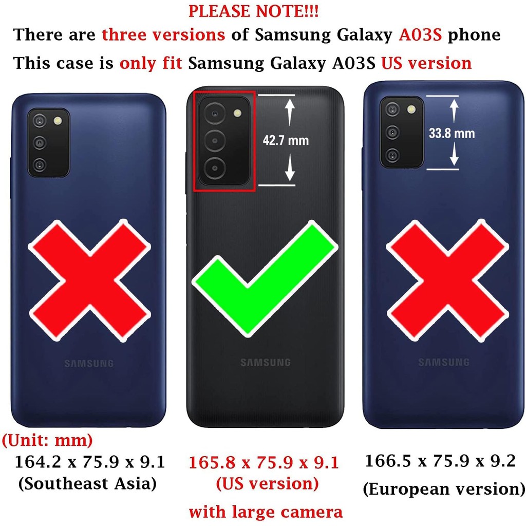 SAMSUNG กระเป๋าสตางค์สําหรับSamsung Galaxy A03s USรุ่น 5G 2022 พร้อมสายรัดข้อมือและสายคล้องไหล่หนังP