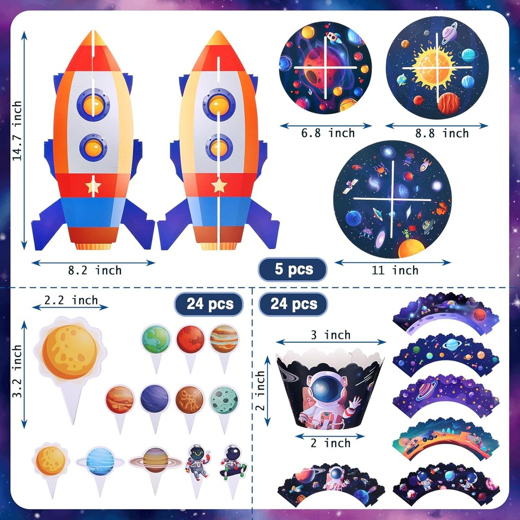 ขาตั้งคัพเค้กอวกาศ,3 ชั้น Galaxy Theme กระดาษแข็ง Cupcake Tower สําหรับ 24 Cupcakes,Outer Space Sola