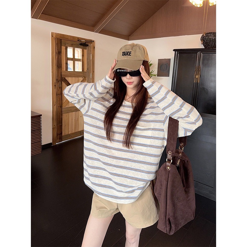 เสื้อยืดแขนยาวลายทางคอกลมขี้เกียจลําลองสําหรับผู้หญิงฤดูใบไม้ร่วงใหม่ 250910