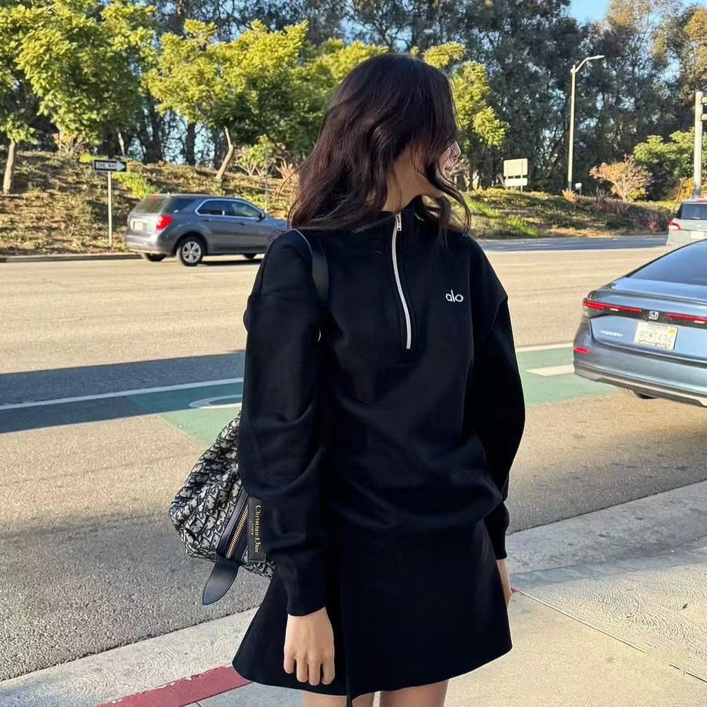 ฤดูใบไม้ร่วง Kim Jisoo Jisoo สไตล์เดียวกัน alo ครึ่งซิปเสื้อกันหนาวผู้หญิงหลวม Stand-Up Collar Slimm