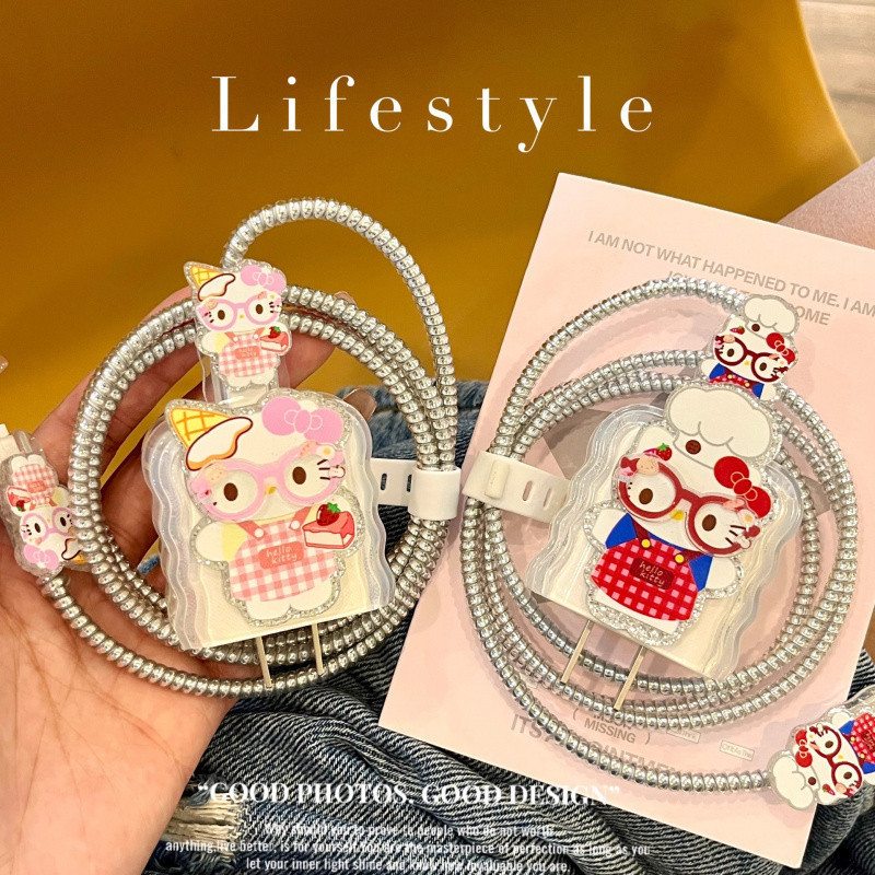 Pastry Chef kitty Apple 20w Charger ฝาครอบป้องกันการ์ตูนน่ารักสายเคเบิลข้อมูล Anti Break