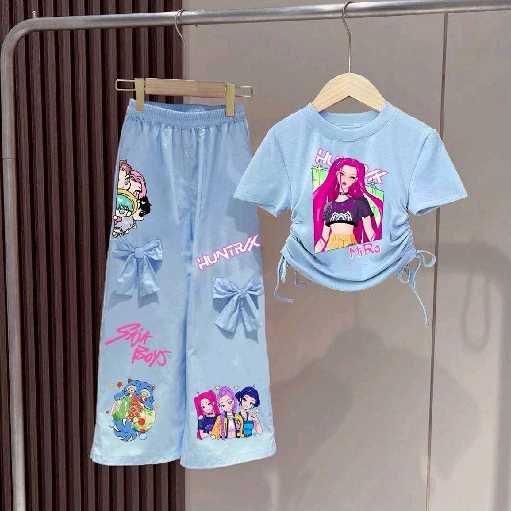 PINKชุดเซ็ทเด็กลายโซดาป๊อป Soda pop เสื้อผูกโบว์ข้าง+กางเกงขายาวแต่งโบว์