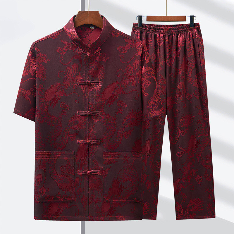 中国风装新款大龙夏季短袖衬衫套装加加大直สไตล์ Tang Suit Zhongshan Suit Dalong ฤดูร้อนแขนสั้น20250916