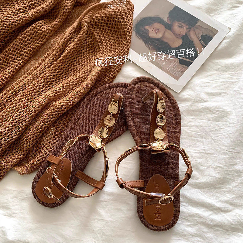 Merad วันหยุด Bohemian Gold Coin Flip-Flops Flip-Flops หญิงฤดูร้อนชายหาดรองเท้าแตะโรมัน