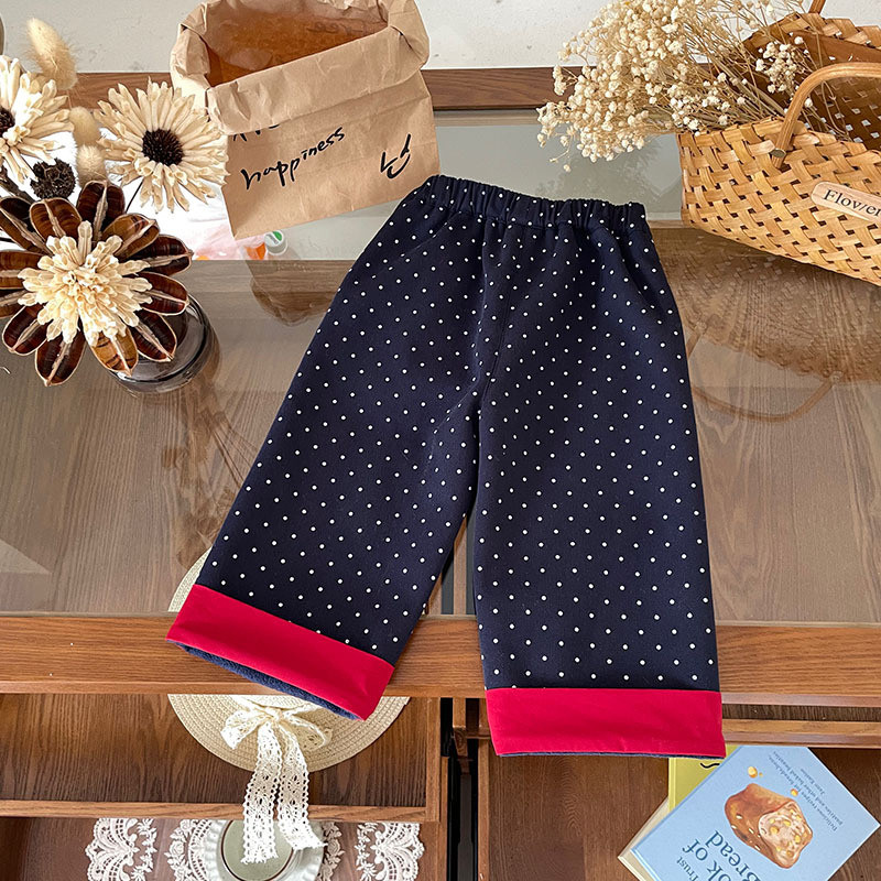 Girls Fleece-Fleece-Fleece-Fleece-Fleece-Fleece-Fleece Pants Autumn Winter Polka-Do