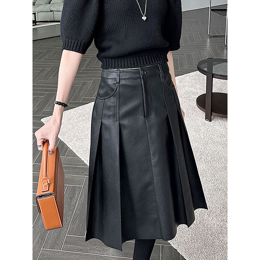 เดรสรัดรูป กระโปรงพลีท กระโปรงลำลองสไตล์เกาหลีสำหรับฤดูใบไม้ร่วง มาพร้อมกระเป๋าคู่:set สไตล์เก๋ไก๋