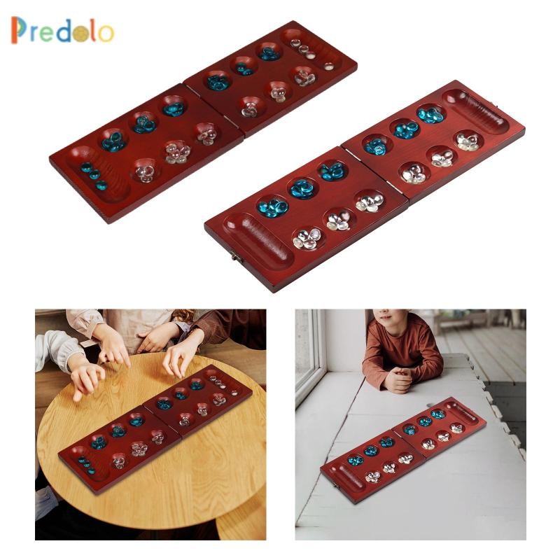 [zegpubc] Mancala Board Game Wood 2 Player with Folding Game Board Portable Classic 48 Stones for En