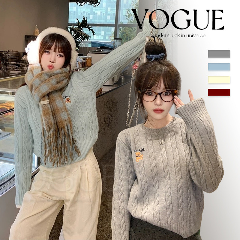 Vogue🌟พร้อมส่ง🌟 เสื้อกันหนาวไหมพรม แขนยาว สีพาสเทล ยืดพอดีตัว ลายหมี (T091)
