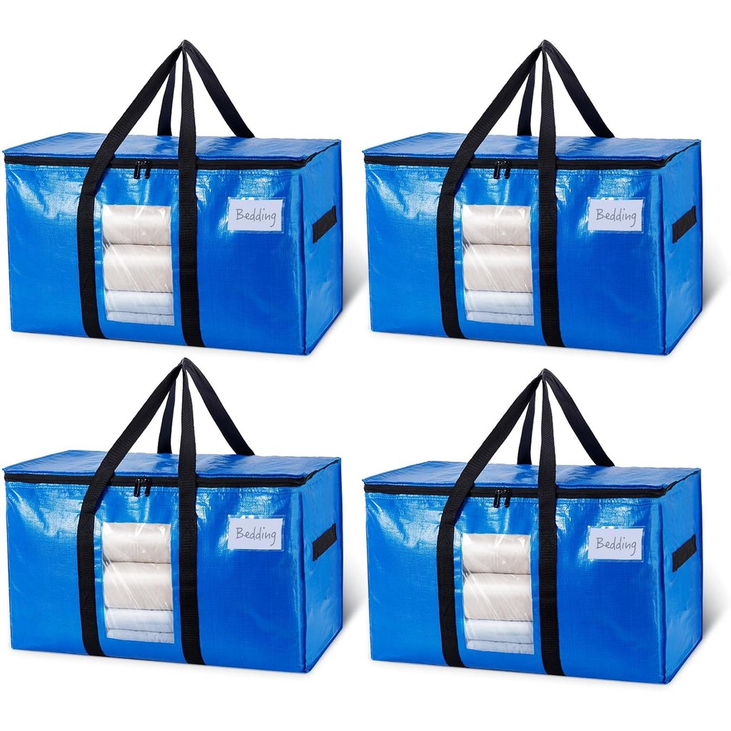 TAILI Extra Large Moving Bags, 4 Pack Blue Heavy Duty Totes For Storage with Visible Window, Wrap Ar