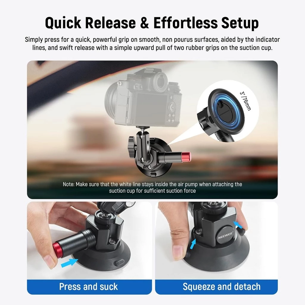 NEEWER CA104 3 "ถ้วยดูดกล้อง – Ball Head Magic Arm, 1/4" ARRI Holes, Quick Release Car Mount พร้อมที่วางโทรศัพท์/อะแดปเตอร์ Action Cam สําหรับ iPhone/GoPro/DJI/Insta360 thumbnail 5