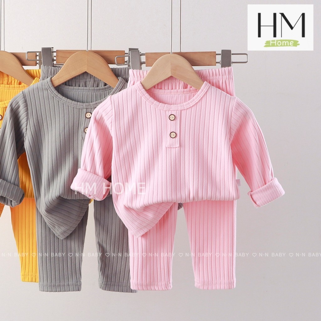 ใหม่ ชุดนอนเด็ก ชุดนอนผ้าร่องผสมคอตตอน เซ็ต 2 ชิ้น เสื้อแขนยาวกางเกงขายาว - รูปที่ 3