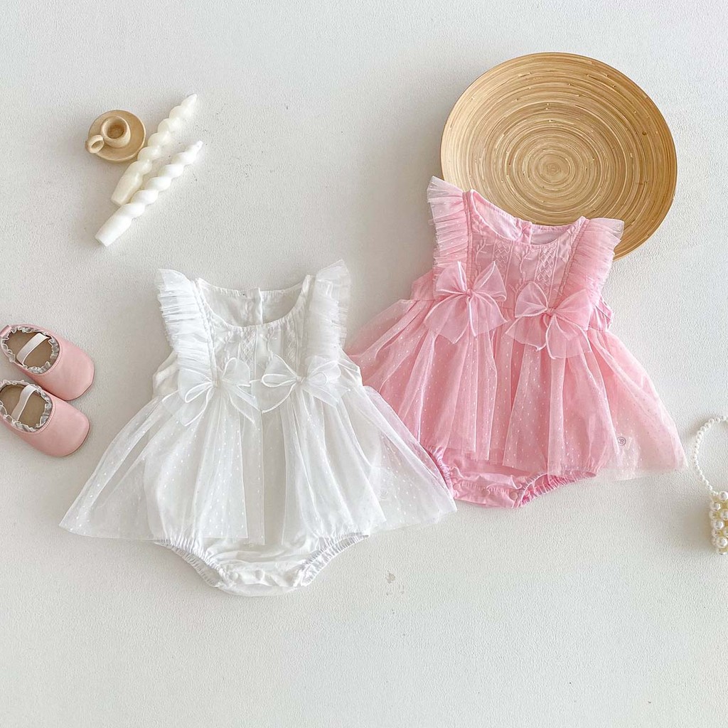 ชุดเจ้าหญิงสาวโบว์ตาข่ายแขนกุดสำหรับเด็กหญิงวัย 0-2 ปี