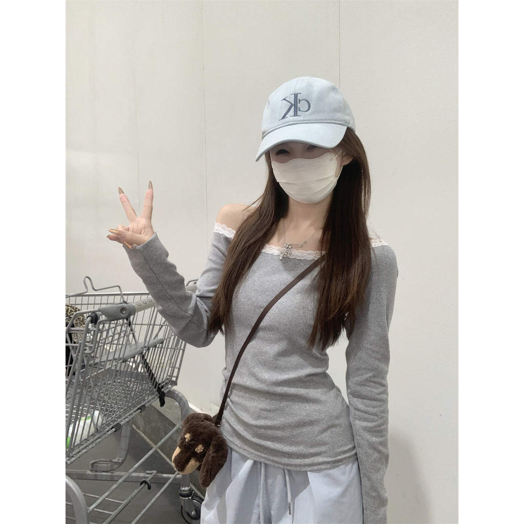 Hotgirl พร้อมส่ง เสื้อยืดเข้ารูปทรงผู้หญิง เสื้อยืดแขนยาวผู้หญิง ขอบลูกไม้น่ารัก เซ็กซี่เปิดไหล่ สไตล์เกาหลี - รูปที่ 7