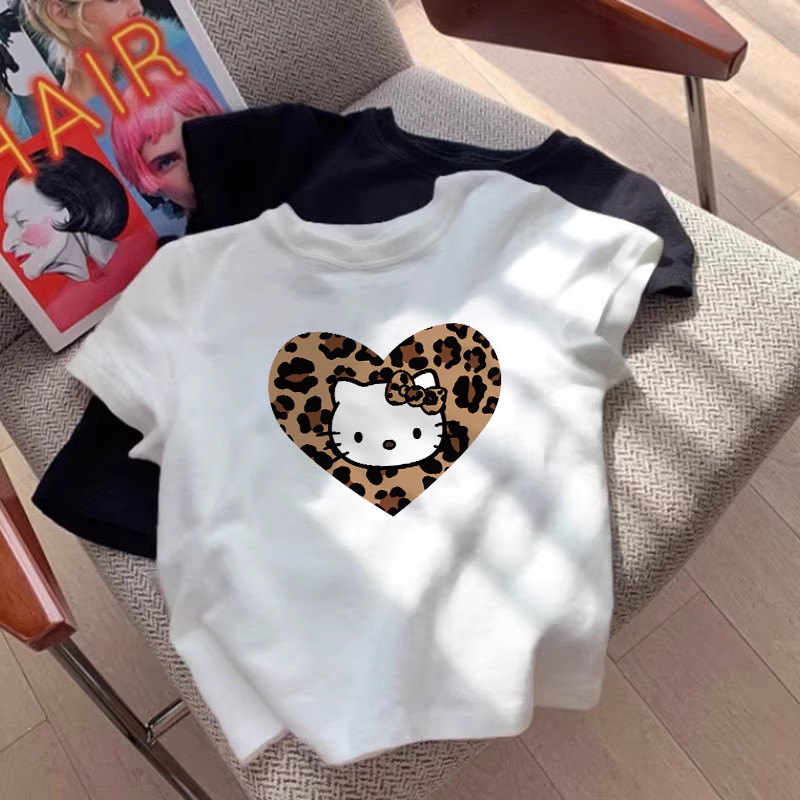 BOOM เสื้อครอป เสื้อยืดเกาหลี เสื้อรัดรูป สาวร้อนหัวใจเสือดาวพิมพ์ลายคิตตี้แมว โชว์ สะดือเซ็กซี่สาวฮอต ทรงสลิมฟิต