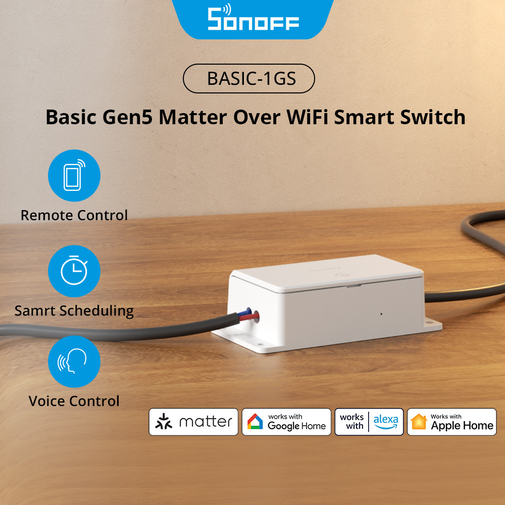 SONOFF BASIC-1GS Matter Over WiFi สมาร์ทสวิทช์ Basic Gen5 Matter Protocol พื้นผิวสัมผัสขนาดใหญ่ Magic Switch โหมดควบคุมท้องถิ่นที่เชื่อถือได้ Matter-ใช้งานร่วมกับ Apple Eco ระบบ