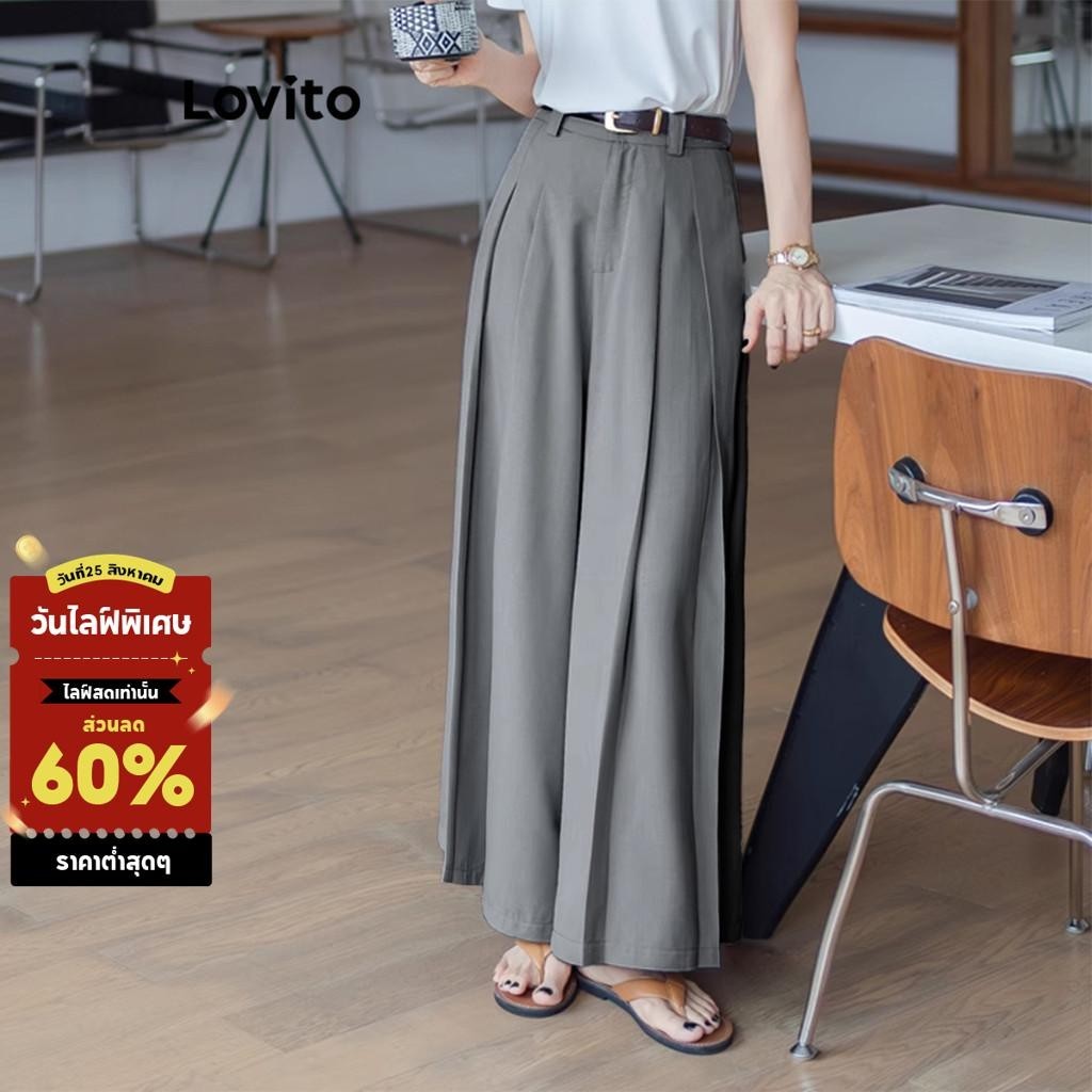 Lovito กางเกงหรูหรากางเกงกระดุมจีบธรรมดาสําหรับผู้หญิง L95ED170